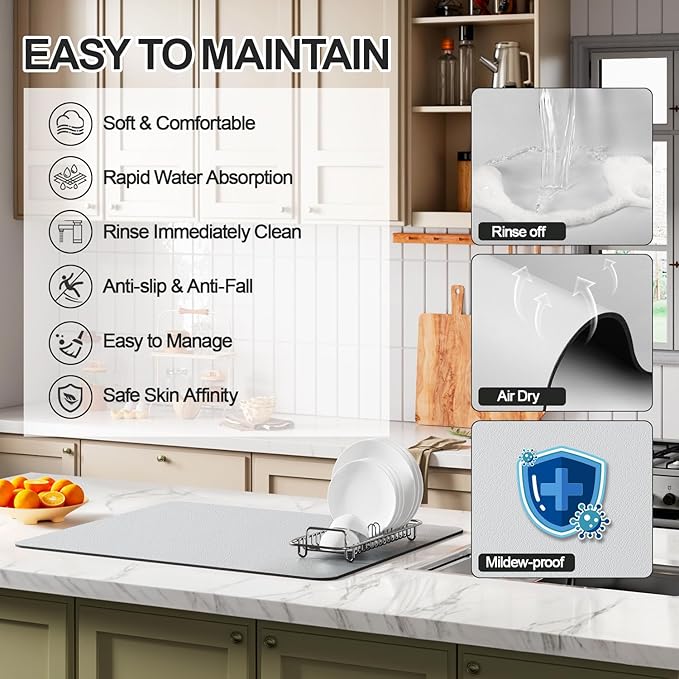 Ecotrim - Dish Drying Mat for Kitchen Counter | Coffee Bar Mat for Countertops | Heat Resistant Drainer Mat with Non-slip Rubber Backed | Hide Stain Kitchen Absorbent Draining Mat | Light Grey 16"x18"