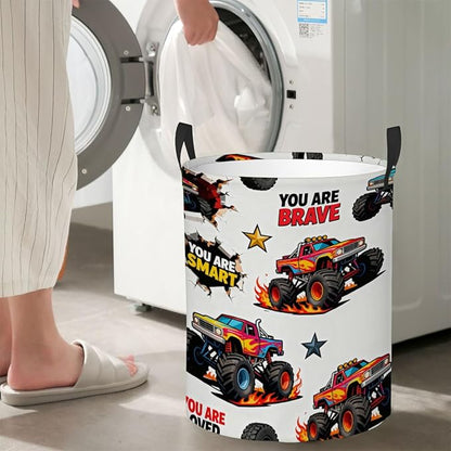 Kids Laundry Hamper Basket - Large Nursery Baby Hamper with Handle for Boys Girls Collapsible Clothes Baskets Organizer Toy Storage Bin Room Decor(Off-road Trucks)