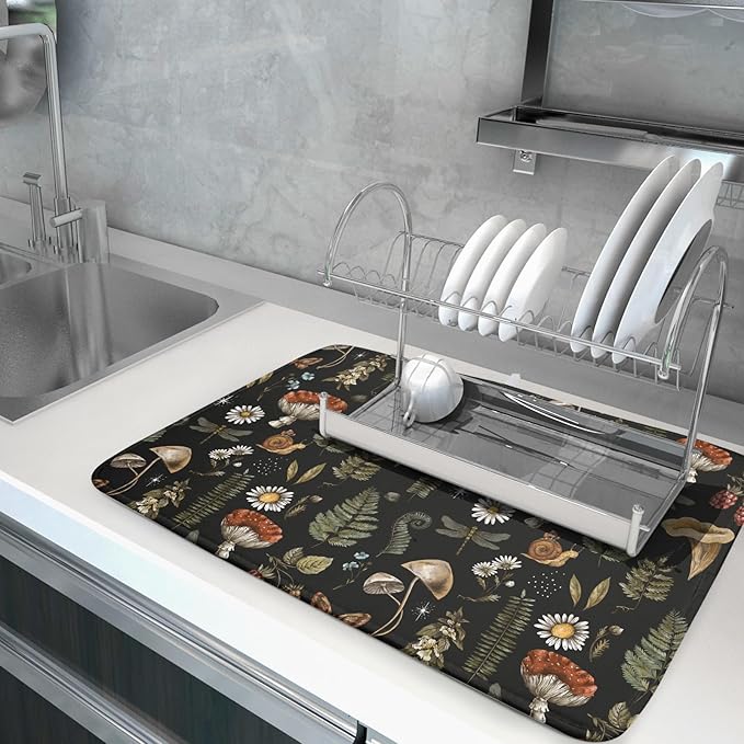 Mushroom Fern Leaves Berry Dish Drying Pad 18 x 24 Inch with Absorbent Reversible Microfiber Vintage Botanical Nature Forest Black Drying Mats For Kitchen Counter Dining Room Decoration