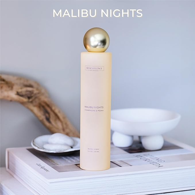 Champagne & Peony Room Spray | Benevolence LA Malibu Nights | 3.4oz | Home, Pillow & Linen Fragrance Spray | Low VOC, No Alcohol | Malibu Sands Collection