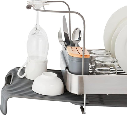 KitchenAid Compact to Full Size Expandable, Rust Resistant Satin Coated Dish Rack with Angled Self Draining Drain Board and Removable Flatware Caddy, 24-Inch, Charcoal