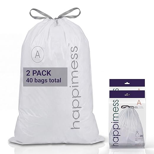 happimess 8 Gallon (30L) Drawstring Trash Bags, Unscented, Clear, Heavy Duty LDPE Liners for Kitchen and Household, Custom Fit, 40 Count (2 Packs of 20 Liners) HPM3000A-C-2SET