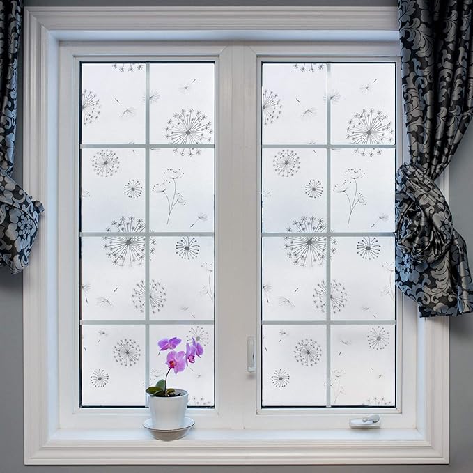 FILMGOO Window Privacy Film 4D Decorative Stained Glass Window Sticker Non-Adhesive（Dandelion,35.4 Inch x 13.1 Feet）