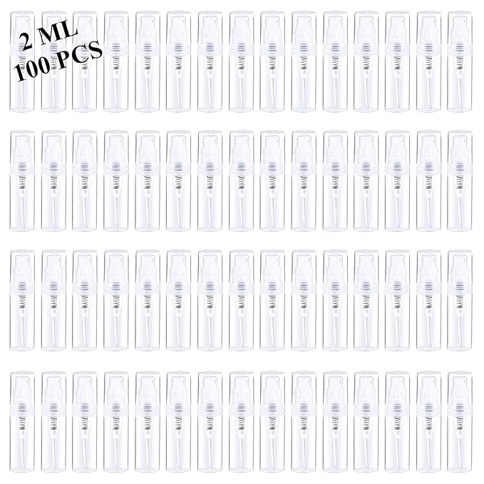 Mini Spray Bottle 100PCS 2ML Clear Plastic Empty Sample Containers Fine Mist Perfume Travel Refillable Spray Bottle Perfume Atomizer Small Travel Size Spray Bottle for Cleaning, Essential Oils