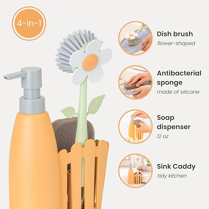 Vigar Florganic Kitchen Soap Dispenser Set, Dish Soap Dispenser with Sponge Caddy and Dish Brush, Daisy-Themed, Perfect Kitchen Sink Caddy, Orange