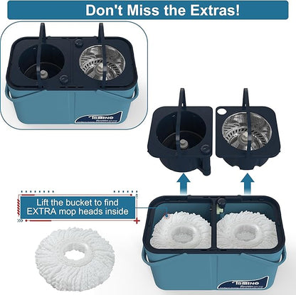 Gen 1 Large-Capacity Spin Mop and Bucket – for Big Homes & Deep Cleaning Days,4-Chamber System Separates Dirty & Clean Water, 2-GAL Heavy-Duty Design with Wheels & 10 Refill Mop Heads - Blue/Grey