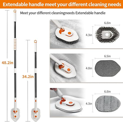 Bathroom Scrub Brush with Long Handle, 3-in-1 Tub and Tile Cleaner with 5 Replaceable Heads for Shower, Floor & Wall Cleaning