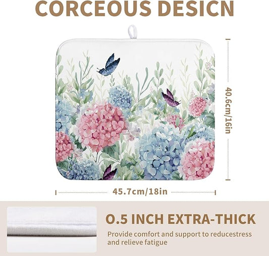 Spring Flowers Dish Drying Mat for Kitchen Counter Blue Pink Hydrangea Floral Drying Mats Absorbent Reversible Microfiber Dish Draining Mat Reusable Washable Dishes Pad Medium 16"x18"