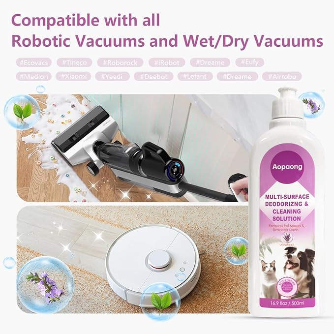 Multi-Surface Floor Cleaning Solution Lavender Scent Household Floor Cleaner Care for All Robot Vacuums with Mopping and Cordless Wet/Dry Vacuums (16.9Fl Oz/500ML)