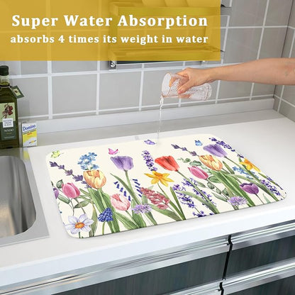 Spring Floral Dish Drying Mat for Kitchen Counter 18x24 Inch Spring Flowers Dish Drainer Rack Mats Absorbent Kitchen Drying Mat Botanical Floral Drainer Rack Mats for Kitchen Countertop Table Decor