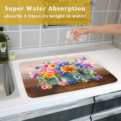 Spring Flowers Dish Drying Mat for Kitchen Counter 18x24in Vintage Plants Colorful Floral Kitchen Drying Mat Soft Absorbent Microfiber Farmhouse Flowers Dish Drainer Rack Mats for Kitchen Countertops