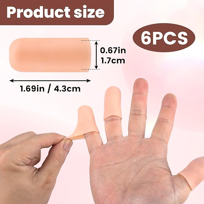 PAGOW 6 Pcs Gel Finger Cots/Covers, Silicone Finger Protector Support, Finger Caps Finger Sleeves Thumb Protector for Finger Cracking Trigger Finger Arthritis Pain Relief (Beige)