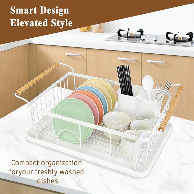 Dish Racks for Kitchen Counter, Thickened Metal Dish Drying Rack with Wooden Handles, Kitchen Countertop Organizer for Dishes, Spoons and Forks, No Assembly, White, 16.7''*12.6''*5.12''