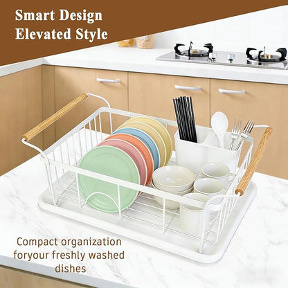 Dish Racks for Kitchen Counter, Thickened Metal Dish Drying Rack with Wooden Handles, Kitchen Countertop Organizer for Dishes, Spoons and Forks, No Assembly, White, 16.7''*12.6''*5.12''