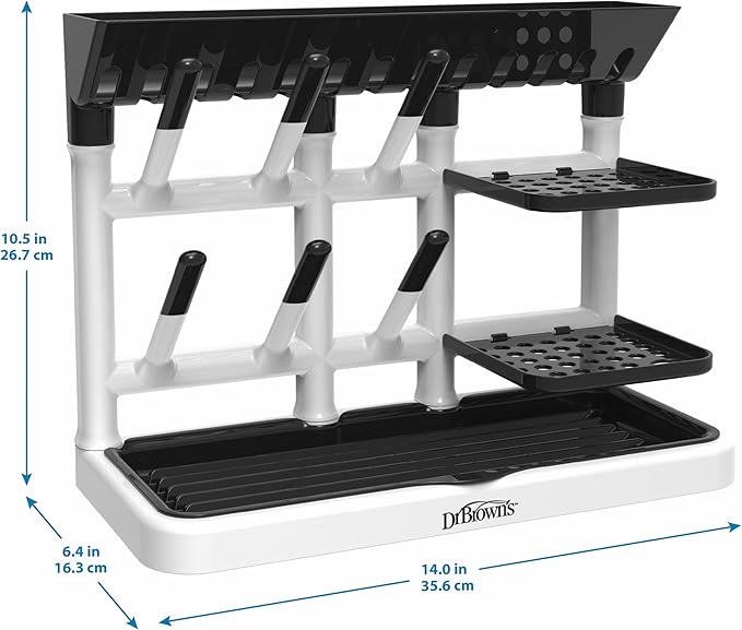 Dr. Brown's Baby Bottle Drying Tower, Stand-Up Countertop Drying Rack with Organized Storage for Baby Essentials, Space Saving Vertical Rack, Black/White