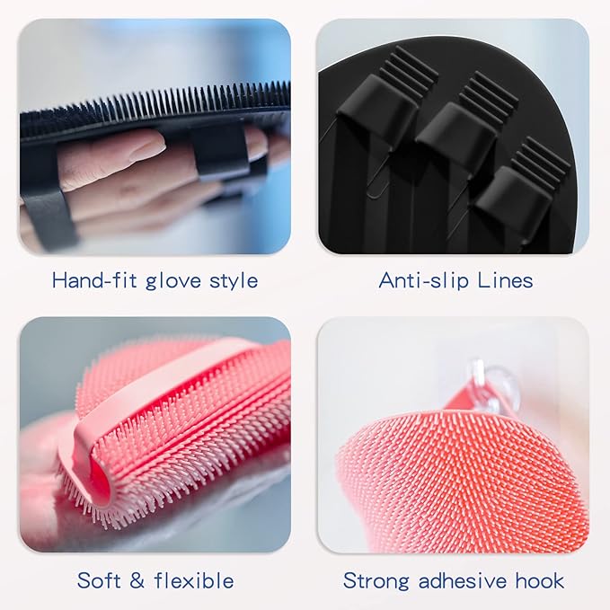 Manmihealth 3 PCS Soft Silicone Shower Brush, Super-Lathering and Deep-Cleaning Silicone Body & Face Scrubber, Gentle Exfoliating Bath Glove for All Skin Types with Free Hooks (Black +Gray+ Pink)