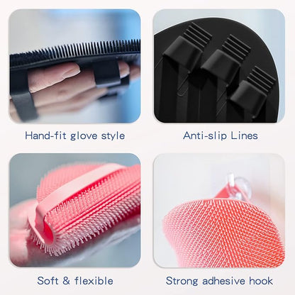 Manmihealth 4 Pack Soft Silicone Shower Brush, Super-Lathering and Deep-Cleaning Body & Face Scrubber, Gentle Exfoliating Bath Glove for All Skin Types, with Free Hooks (Black+Gray)*2