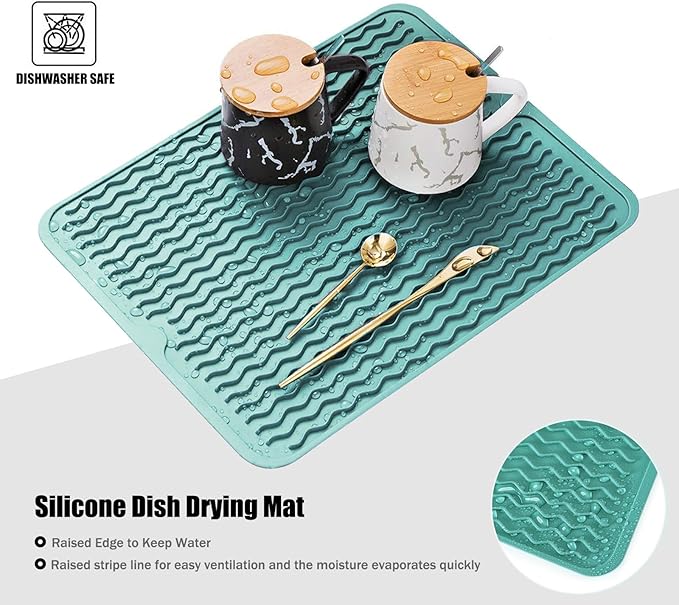 Silicone Dish Drying Mat for Multiple Usage, Easy clean, Eco-friendly, Heat-resistant Dish Drainer Mat for Kitchen Counter,Sink,Refrigerator or Drawer liner (18" x 16", Green)