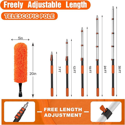 SISUPASSIE 36FT Reach High Ceiling Duster Kit, Window Cleaning kit with 7-30FT Extension Pole, Fan Duster for Ceiling Fan Blades, Microfiber Feather Duster, Window Squeegee, Bucket and Cobweb Duster