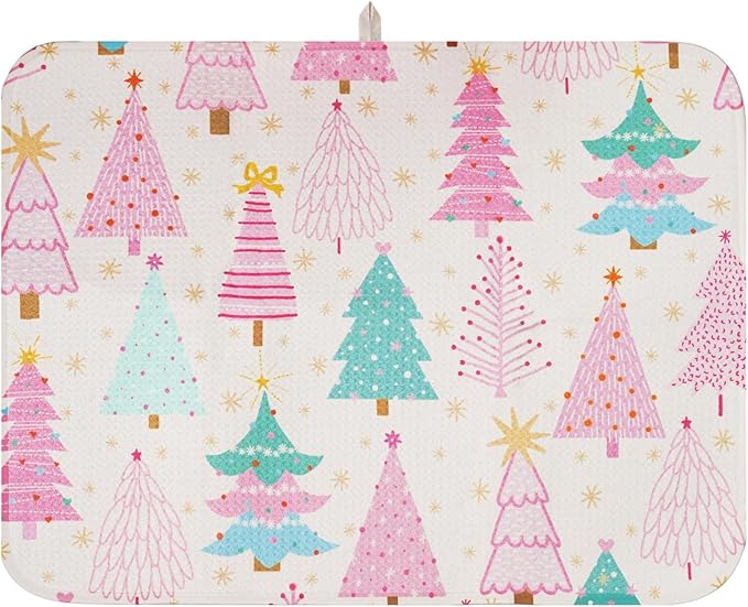 Christmas Dish Drying Mat, Ultra Absorbent Microfiber Dish Drainer Mat Christmas Tree Drying Mats for Kitchen Counter, Coffee Maker, Tableware Decor, 18 x 24 Inch