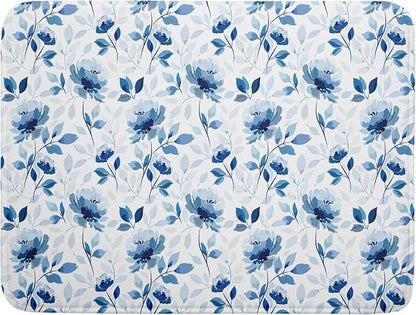 Blue Floral Dish Drying Mat 18x24 inch Flower Leaves Dish Rack Pad Microfiber Washable Dishes Drainer Pad Kitchen Countertop Accessories