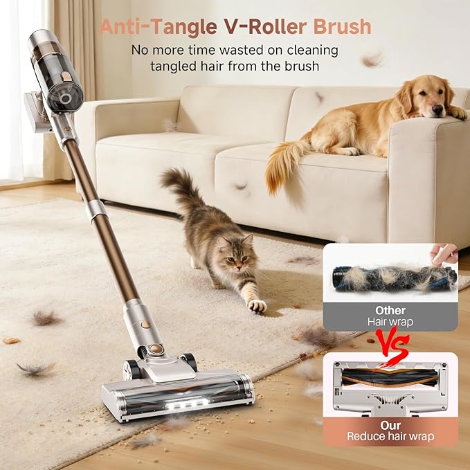 Cordless Vacuum Cleaner - 40KPA Powerful Suction Cordless Stick Vacuum Cleaners for Home, Anti-Tangle Brush, Lightweight, 6-in-1 Rechargeable Vacuum for Pet Hair/Carpet/Hard Floor(Off-White)