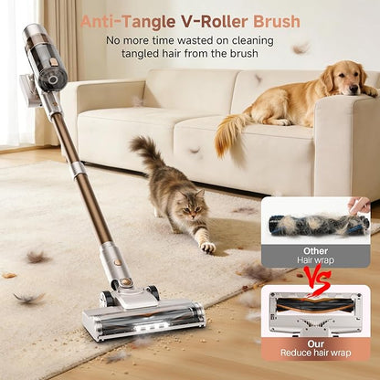 Cordless Vacuum Cleaner - 40KPA Powerful Suction Cordless Stick Vacuum Cleaners for Home, Anti-Tangle Brush, Lightweight, 6-in-1 Rechargeable Vacuum for Pet Hair/Carpet/Hard Floor(Off-White)
