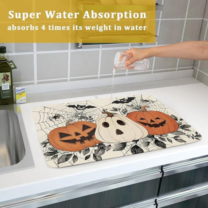 Halloween Pumpkin Dish Drying Mat for Kitchen Counter 18x24 Black Bat Spiderweb Holiday Scary Theme Absorbent Reversible Microfiber Drying Mats Kitchen Countertop Protector Dishes Drainer Pad