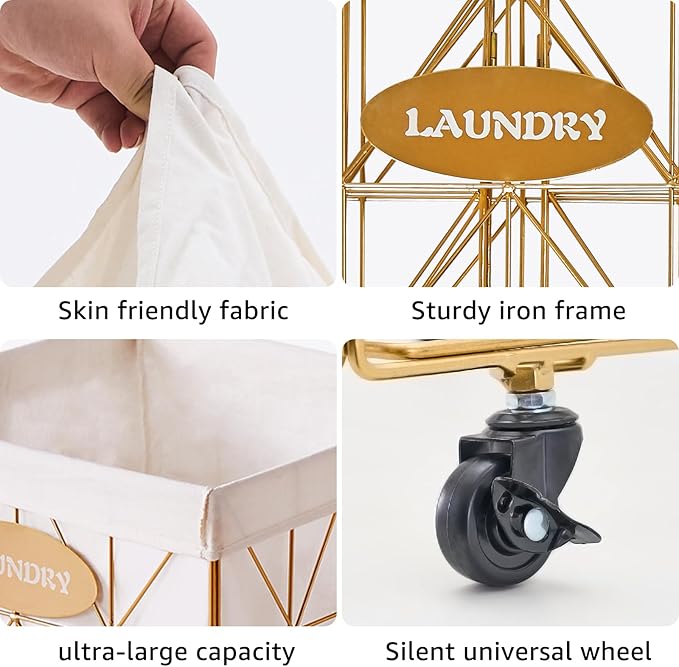 Mxfurhawa Laundry Hamper, 65L Collapsible Laundry Basket Large Capacity Metal Laundry Hamper with Removable Liner, Rolling Wheels and Collapsible Design for Storage and Organization (65L Rectangular)