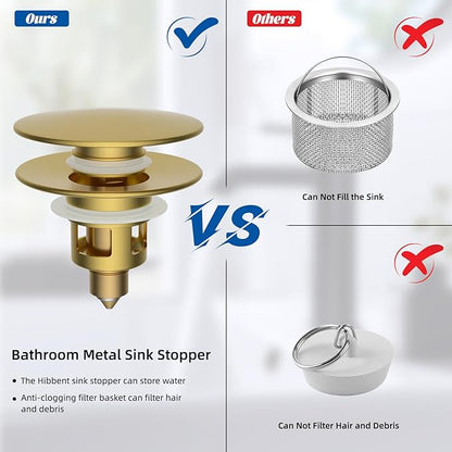 Hibbent 2 Pack All Metal Bathroom Sink Stopper, Universal Pop Up Drain Strainer, Brass Bullet Core Push Type Sink Stopper for 1.1''~2.3'' Basin, Big Push Button, Anti Clogging Filter, Brushed Gold