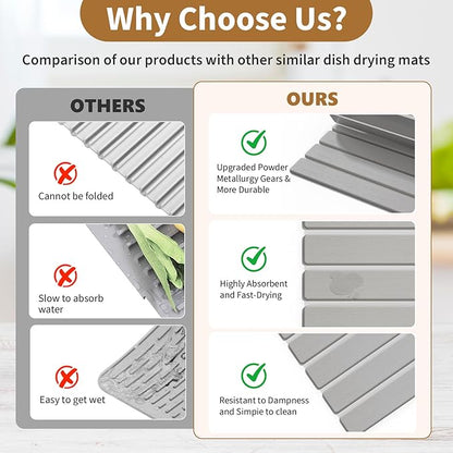 Stone Dish Drying Mats for Kitchen Counter-23.6''x15.3'' Foldable Quick Dry Stone Mat Kitchen,Eco-Friendly,Absorbent Diatomaceous Earth Mats for Dishes Bottles Cups Bathroom Any Countertop-Light Gray