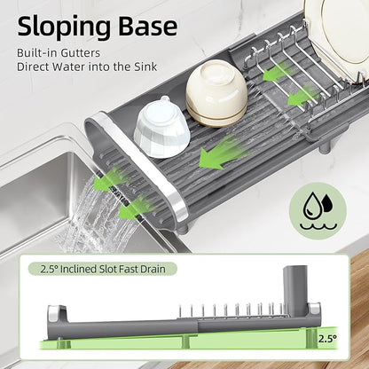 TOOLF Small Dish Drying Rack, Mini Expandable Compact Dish Rack, Slim Extendable Stainless Steel Dish Drainer for Kitchen Plate Storage, Space Saving Dish Strainer in Sink or on Home Countertop, Gray