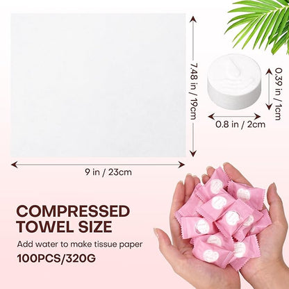 Compressed Towel Tablets 100 Count Disposable Face Towel Individually Wrapped 9×7.5 Inch Portable Washcloths Compact Cloths for Travel Essentials Camping Hotel Makeup Removal Cleaning (Pink)