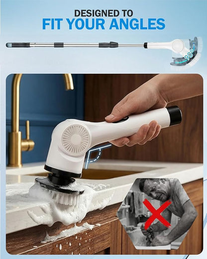 Electric Spin Scrubber, 3-Speed Cordless Shower Scrubber with 90° Adjustable & 10 Replaceable Brush Heads, 90 Mins Runtime & Full-Body IPX7 Waterproof Shower Cleaner Brush with Long Handle