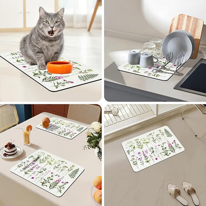 Bloss Kitchen Mat, Coffee Mat 12"x19", Coffee Bar/Maker Mat, Kitchen Counter Mats, Absorbent Hide Stain Rubber Backed Dish Drying Pad(, Flowers and Leaves)
