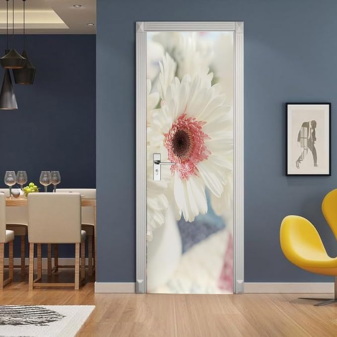 A.Monamour 3D Door Stickers for Interior Doors White Gerbera Daisy Flower with Pink Center Vinyl Waterproof Self Adhesive Door Mural Decals for Bedroom Office Bathroom 85x215cm