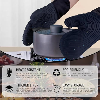 Silicone Oven Mitts,Cotton Lined Gloves, BPA-Free, Long Cooking Mitts and Trivet Mats, Oven Mitts Set for BBQ, 4 Pieces (Dark Grey)