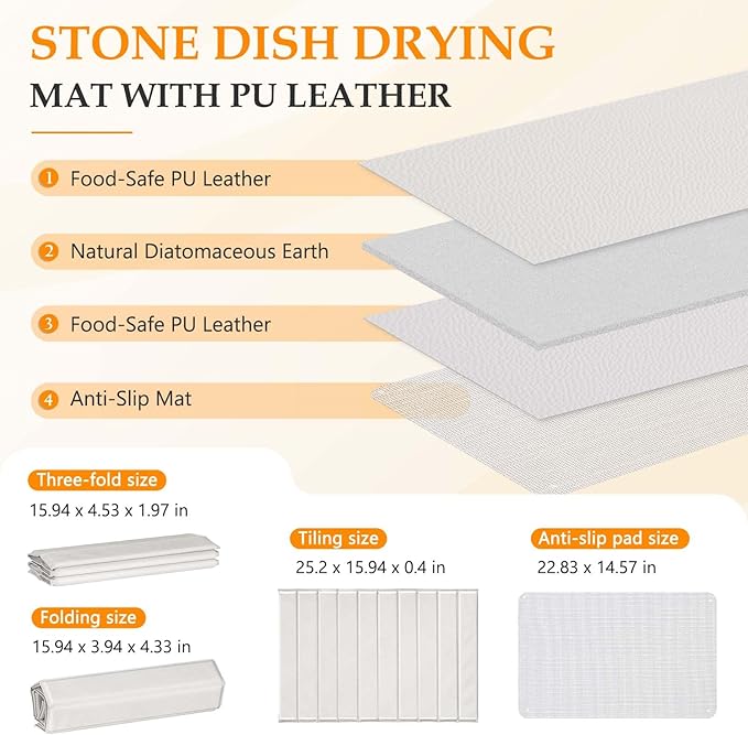 Stone Drying Mat for Kitchen Counter – Quick Dry PU-Coated Diatomaceous Earth Dish Drying Mat, Foldable & Non-Slip, Fast Absorbent Drying Stone for Sink & Countertop, 24"x16"