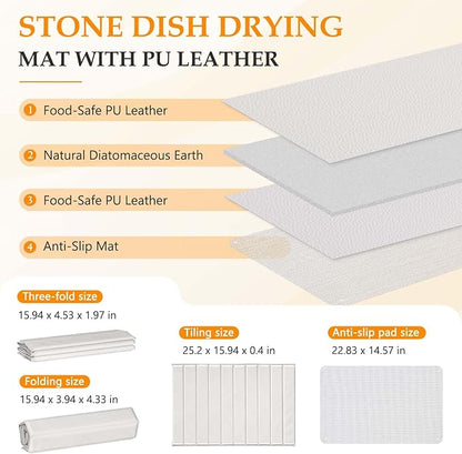 Stone Drying Mat for Kitchen Counter – Quick Dry PU-Coated Diatomaceous Earth Dish Drying Mat, Foldable & Non-Slip, Fast Absorbent Drying Stone for Sink & Countertop, 24"x16"