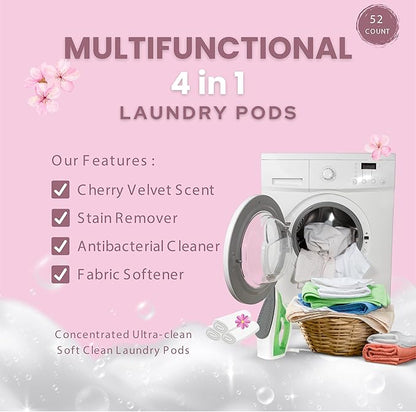 Gold n Pearls 4-in-1 Laundry Pods, Cherry Velvet Scent - Stain Remover, Fabric Softener, Fresh Scent & Deep Clean, 52 Count