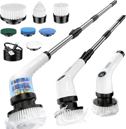 Electric Spin Scrubber Upgraded Battery with Extra-Long Runtime, IPX7 Waterproof Power Cleaner with 7 Brush Heads, 2 Speeds Adjustable Long Handle for Bathroom, Floor, Shower, Tile & Kitchen Cleaning