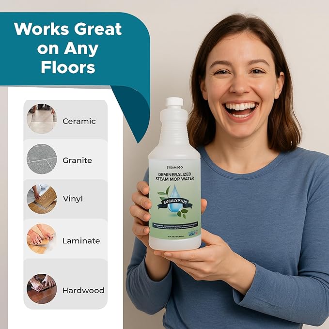 Steam & Go Demineralized Water for Steam Cleaner, PVC-Free Floor Cleaner Liquid Compatible with Any Steam Mop, Ready-to-Use Multisurface Cleaner, Scented, Eucalyptus Mint, 32 oz, Pack of 18