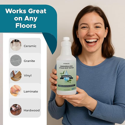 Steam & Go - Demineralized Water for Steam Cleaner, PVC-Free Floor Cleaner Liquid Compatible with Any Steam Mop, Ready-to-Use Multisurface Cleaner, Scented Mop Solution, Eucalyptus Mint, 32 oz