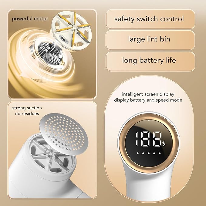 Fabric Shaver, USB Rechargeable Lint Remover with 5 Speeds, 6 Leaf Blades, Portable Electric Sweater Defuzzer for Clothes Blanket and Furniture, Strong Suction