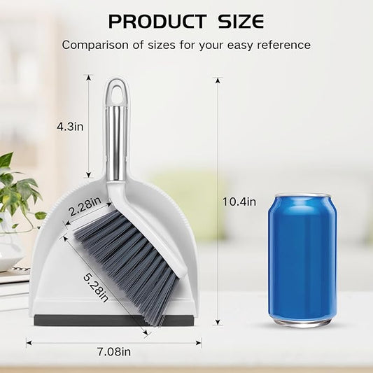 NACENA Mini Broom and Dustpan Set 2 Packs, Small Dust Pan and Brush Set with Handle Dustpan Teeth for Cleaning Hair Suitable for Office Desks Drawers Sofas Pet Care Outdoor Camping, White & Gray