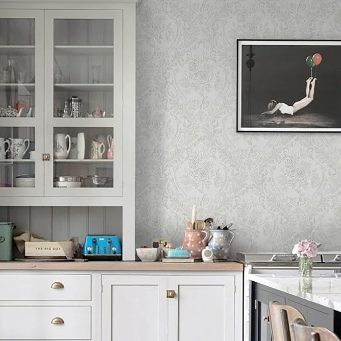 Ismoon Floral Peel and Stick Wallpaper Grey Contact Paper Boho Watercolor Damask Wallpaper Vintage Textured Removable Self Adhesive Vinyl Wall Paper Renter Friendly, 17.3 in X 32.7 ft