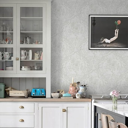 Ismoon Floral Peel and Stick Wallpaper Grey Contact Paper Boho Watercolor Damask Wallpaper Vintage Textured Removable Self Adhesive Vinyl Wall Paper Renter Friendly, 17.3 in X 32.7 ft