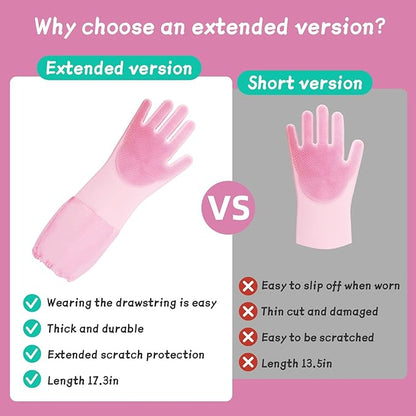 Silicone Pet Bathing Gloves with Finger Toothbrush – 2-in-1 Grooming & Deshedding Gloves for Cats, Dogs, Rabbits – Extended Design for Easy Cleaning & Massage(Pink)