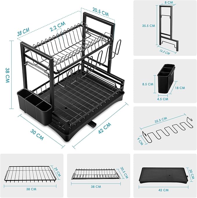 2-Tier Dish Drying Rack for Kitchen Counter, Dish Drainer Dish/Cup/Cutlery Holder Dish Drainer Rack 2 Tier Dish Racks with Utensils Holder, Drainboard & 360° Telescopic Drain Pipe (Black)