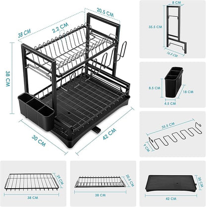 2-Tier Dish Drying Rack for Kitchen Counter, Dish Drainer Dish/Cup/Cutlery Holder Dish Drainer Rack 2 Tier Dish Racks with Utensils Holder, Drainboard & 360° Telescopic Drain Pipe (Black)